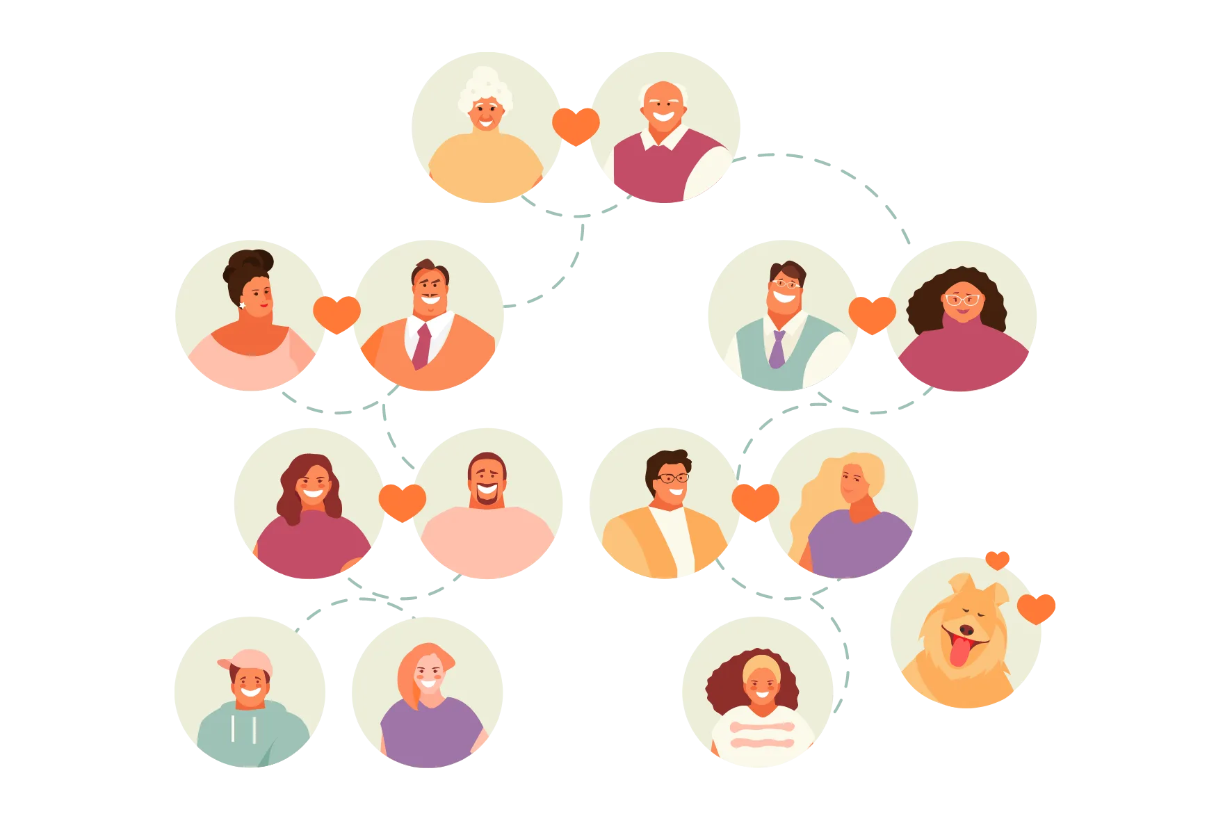 Ilustração de árvore genealógica com várias gerações de uma família conectadas por linhas, representando a herança genética