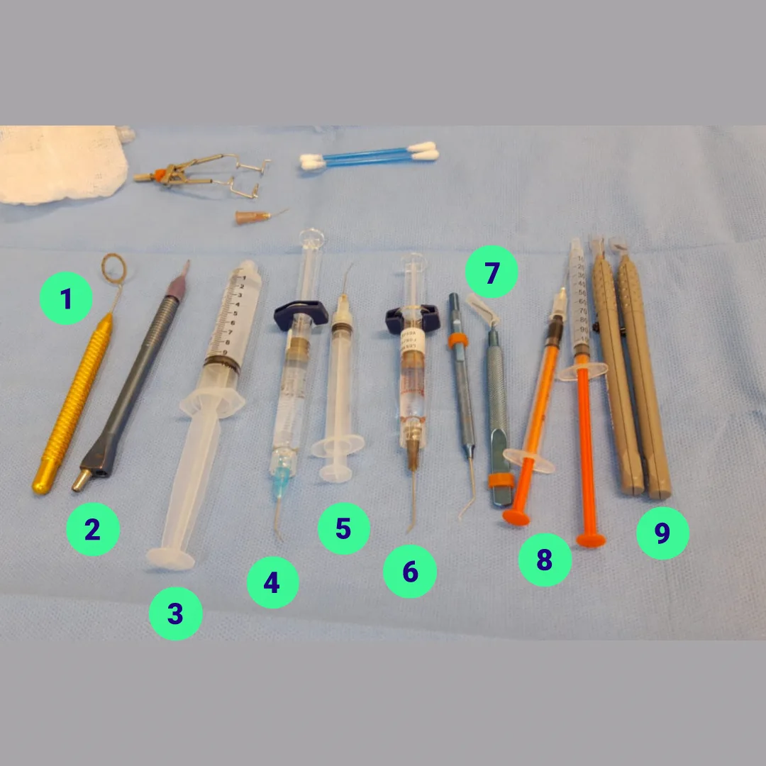 Principais instrumentos utilizados pelo médico oftalmologista durante a cirurgia de catarata.